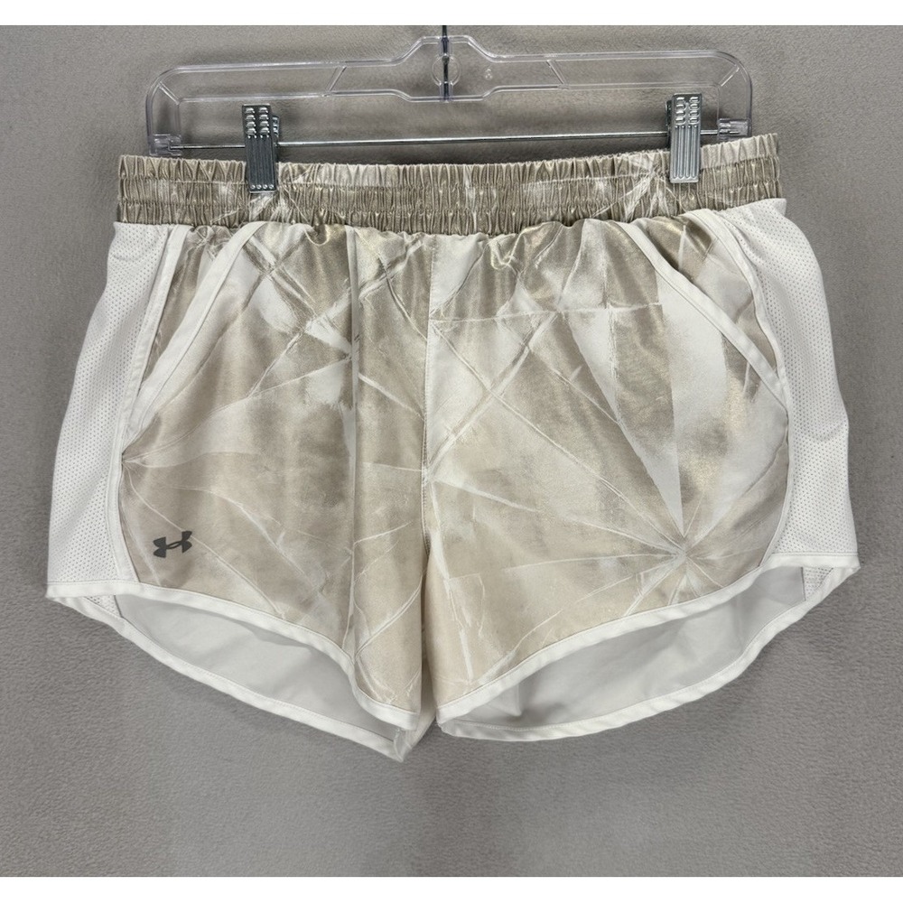 Under Armour Women's Sz M Speed Stride Print Shorts Metallic White Pockets Lined
